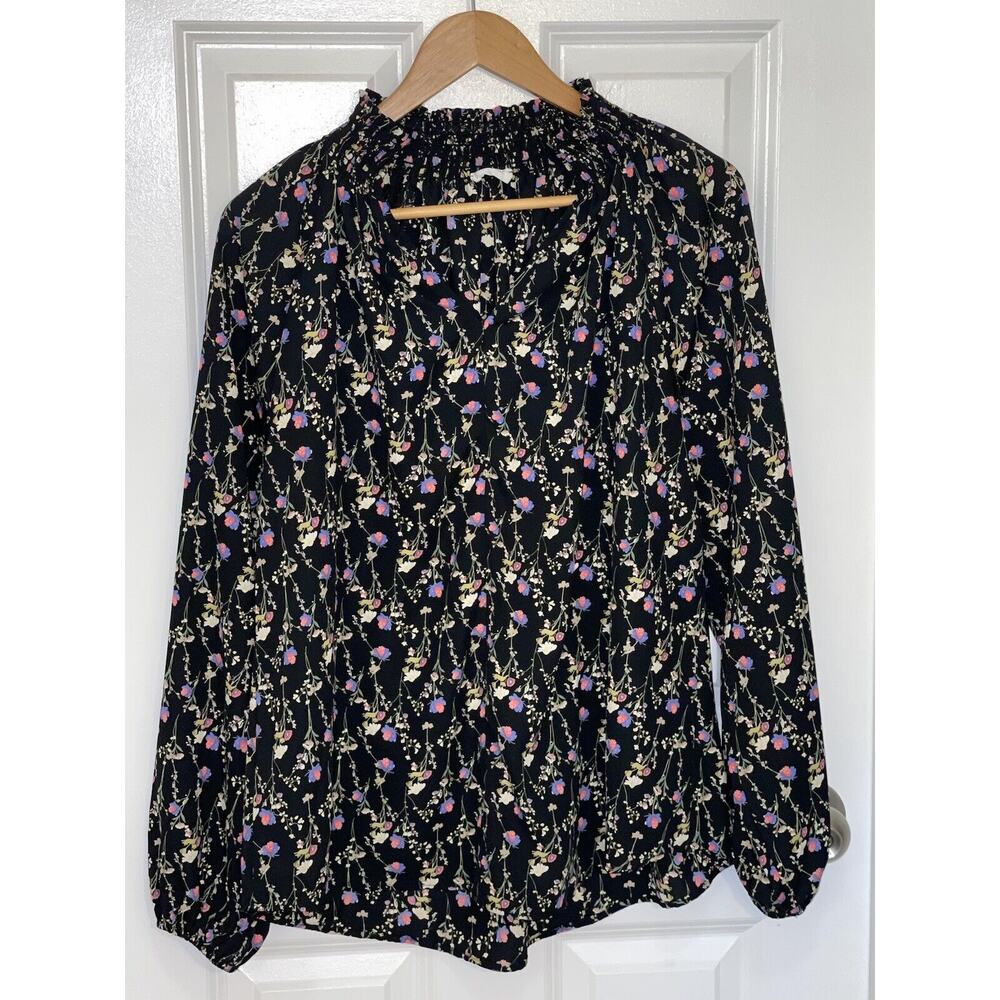 Bucketlist Women’s‎ Sheer Black Floral Georgette Blouse Boho Smock Neck Medium